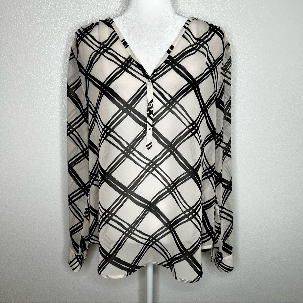 Banana Republic Womens Cream Plaid V-Neck Sheer Long Sleeve Top Blouse Size L